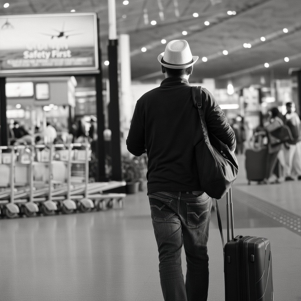 Traveler walking through an airport terminal with a suitcase